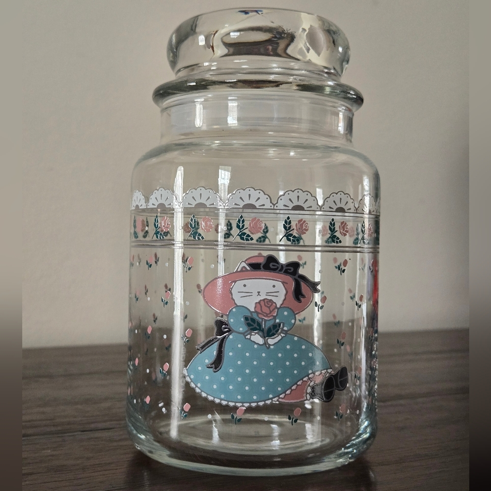 1988 CHD Anchor Hocking Country Cat Pink Rose Bubble Lid Glass Canister Jar Lg